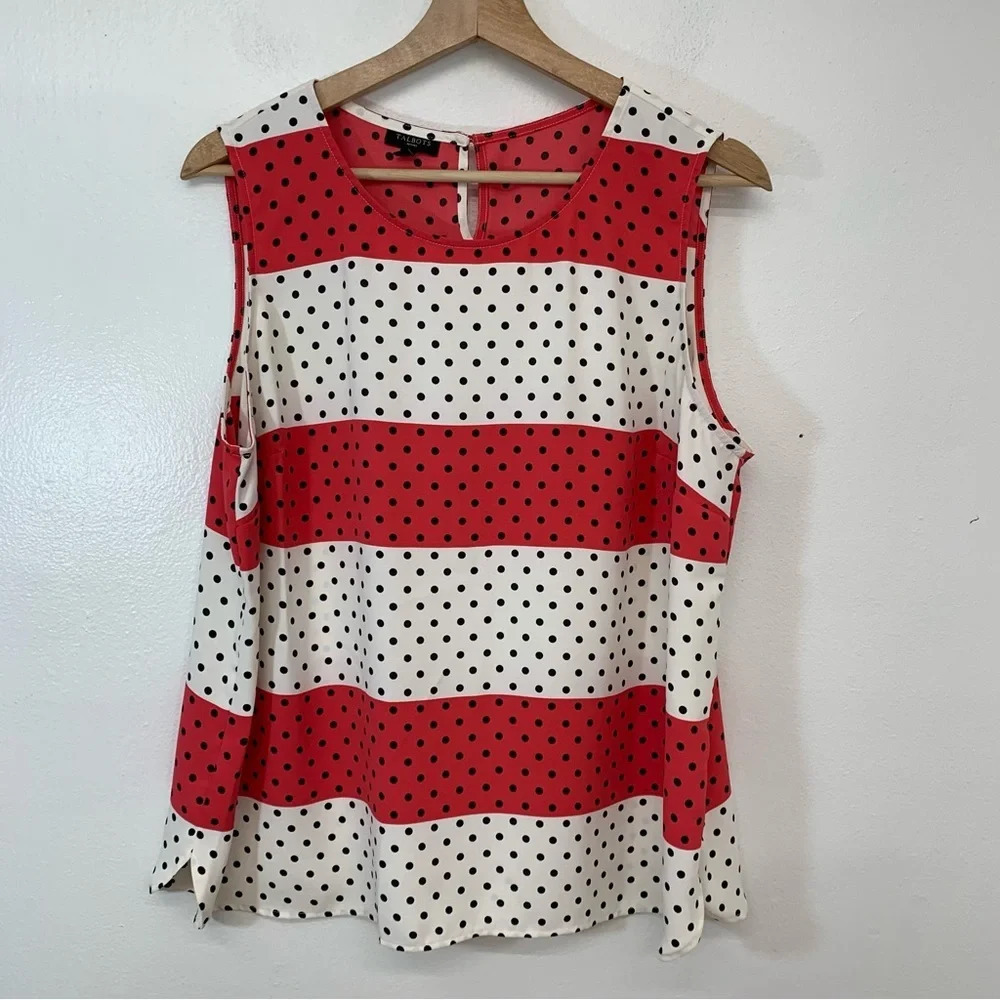 Talbots Blouse Top Woman XLP Sleeveless Polka Dot Pink White Lightweight Office‎